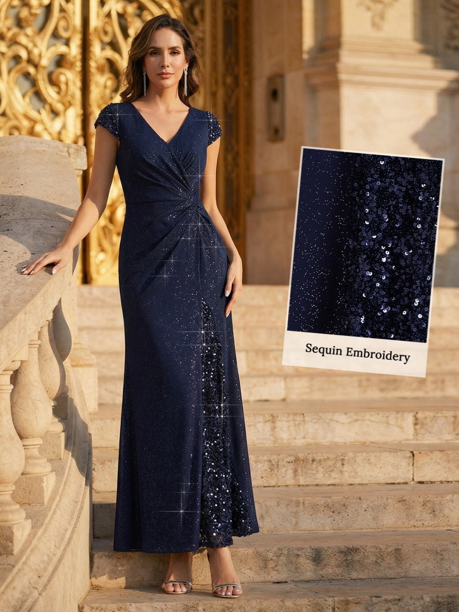ever KAIA|Knotted Knit Cap Sleeve Maxi Glitter Evening Dress