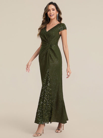 ever KAIA|Knotted Knit Cap Sleeve Maxi Glitter Evening Dress