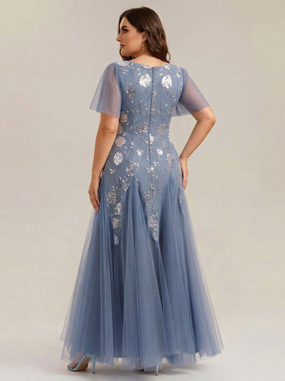ever ORLA|Floral Embroidered Sequin Ruffle Sleeve Tulle Evening Dress