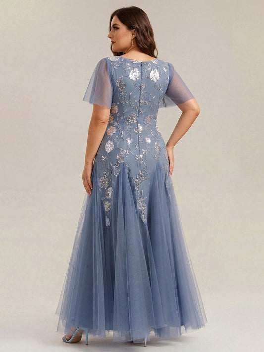pretty ORLA|Plus Size Floral Embroidered Sequin Ruffle Sleeve Tulle Evening Dress