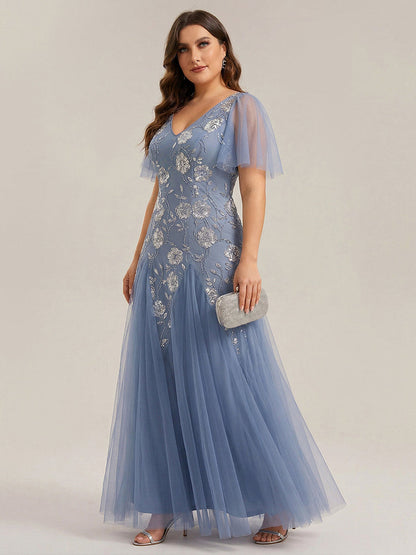ever ORLA|Floral Embroidered Sequin Ruffle Sleeve Tulle Evening Dress