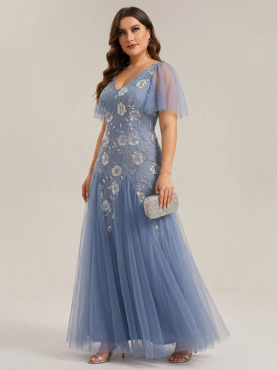 pretty ORLA|Plus Size Floral Embroidered Sequin Ruffle Sleeve Tulle Evening Dress