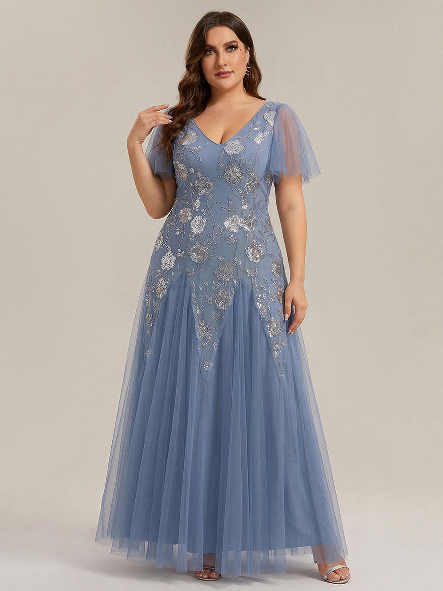 ever ORLA|Floral Embroidered Sequin Ruffle Sleeve Tulle Evening Dress