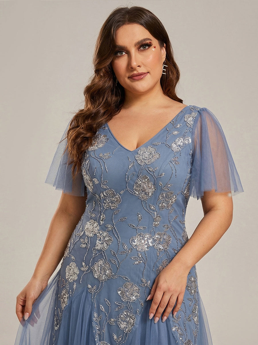 ever ORLA|Floral Embroidered Sequin Ruffle Sleeve Tulle Evening Dress