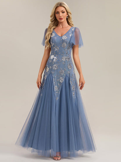 ever ORLA|Floral Embroidered Sequin Ruffle Sleeve Tulle Evening Dress