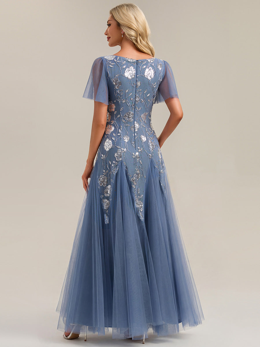 ever ORLA|Floral Embroidered Sequin Ruffle Sleeve Tulle Evening Dress
