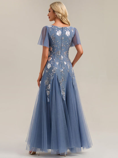 ever ORLA|Floral Embroidered Sequin Ruffle Sleeve Tulle Evening Dress