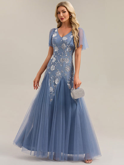 ever ORLA|Floral Embroidered Sequin Ruffle Sleeve Tulle Evening Dress