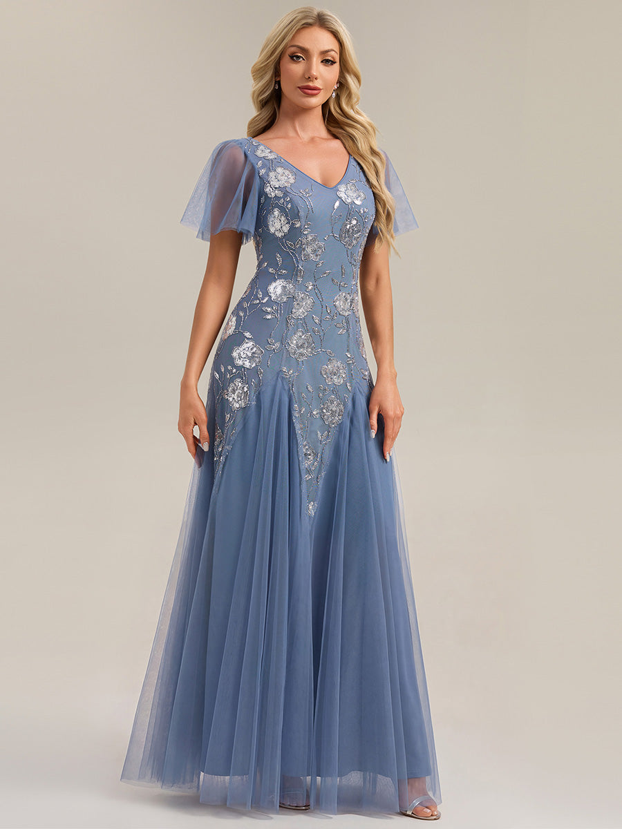 ever ORLA|Floral Embroidered Sequin Ruffle Sleeve Tulle Evening Dress
