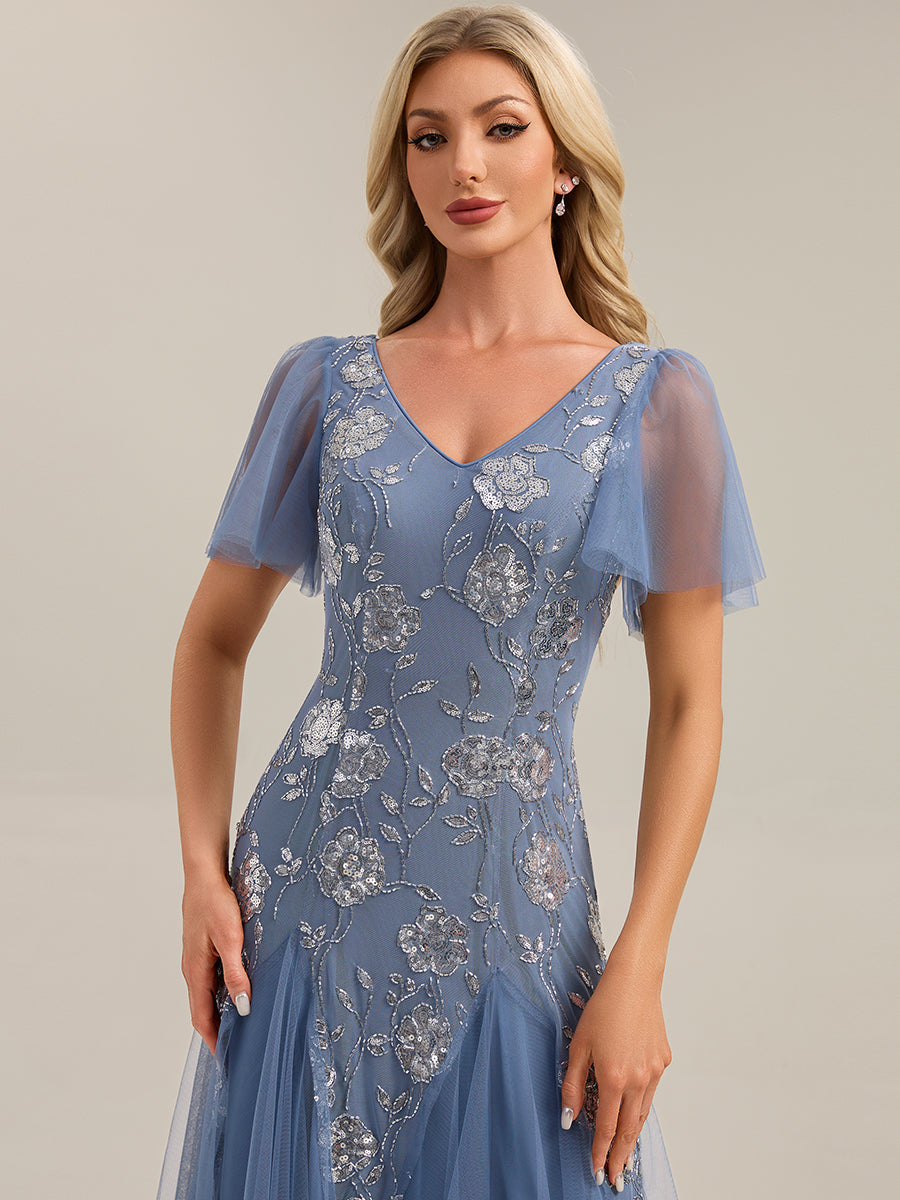 ever ORLA|Floral Embroidered Sequin Ruffle Sleeve Tulle Evening Dress