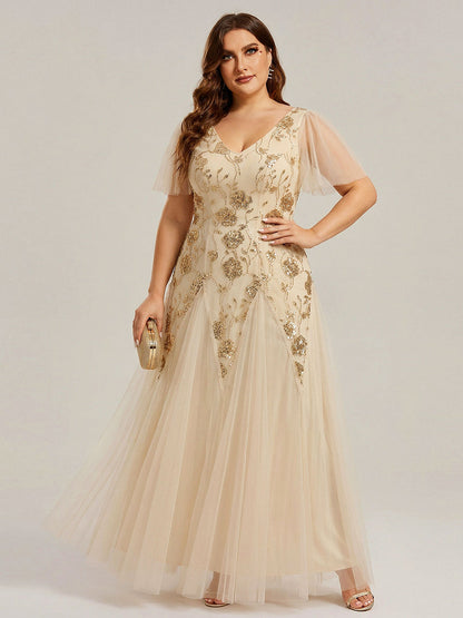 ever ORLA|Floral Embroidered Sequin Ruffle Sleeve Tulle Evening Dress