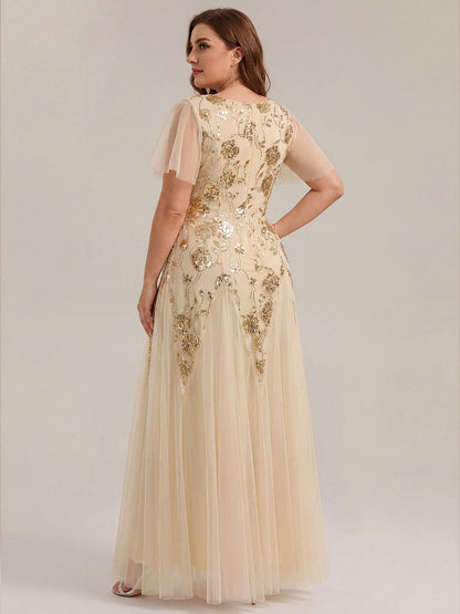 ever ORLA|Floral Embroidered Sequin Ruffle Sleeve Tulle Evening Dress