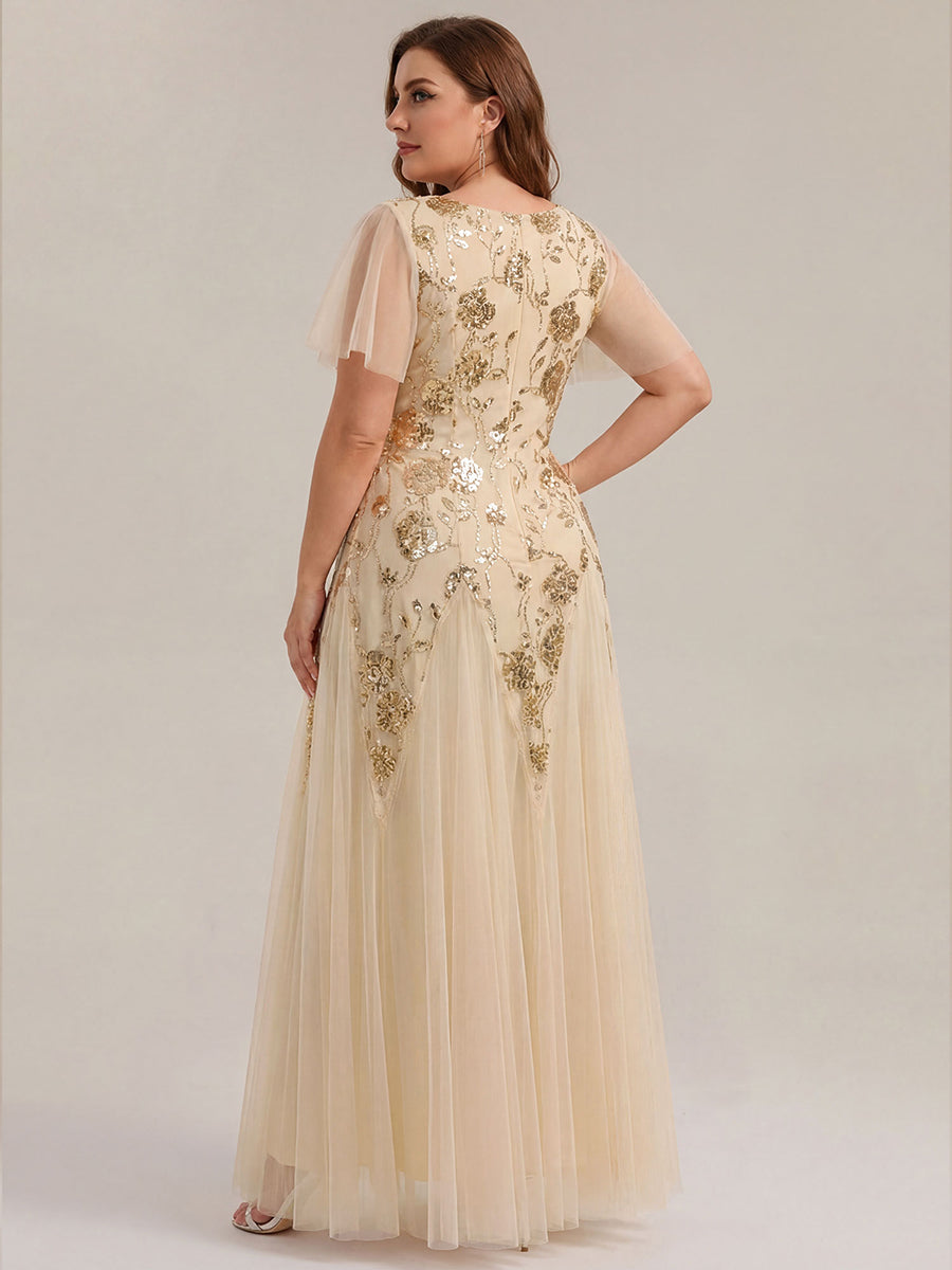 pretty ORLA|Plus Size Floral Embroidered Sequin Ruffle Sleeve Tulle Evening Dress