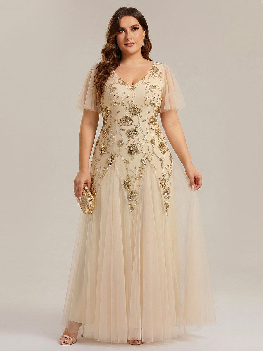 ever ORLA|Floral Embroidered Sequin Ruffle Sleeve Tulle Evening Dress