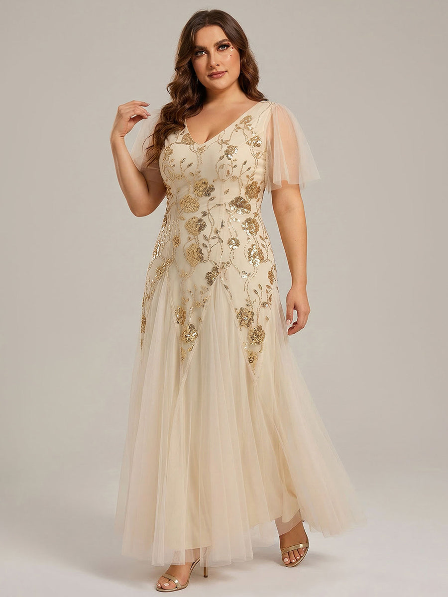 ever ORLA|Floral Embroidered Sequin Ruffle Sleeve Tulle Evening Dress