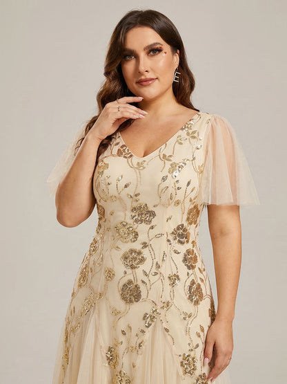 ever ORLA|Floral Embroidered Sequin Ruffle Sleeve Tulle Evening Dress