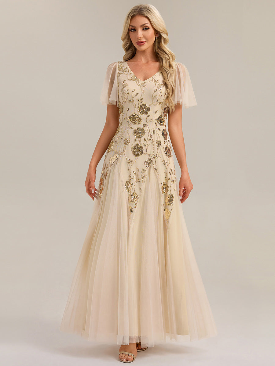 ever ORLA|Floral Embroidered Sequin Ruffle Sleeve Tulle Evening Dress