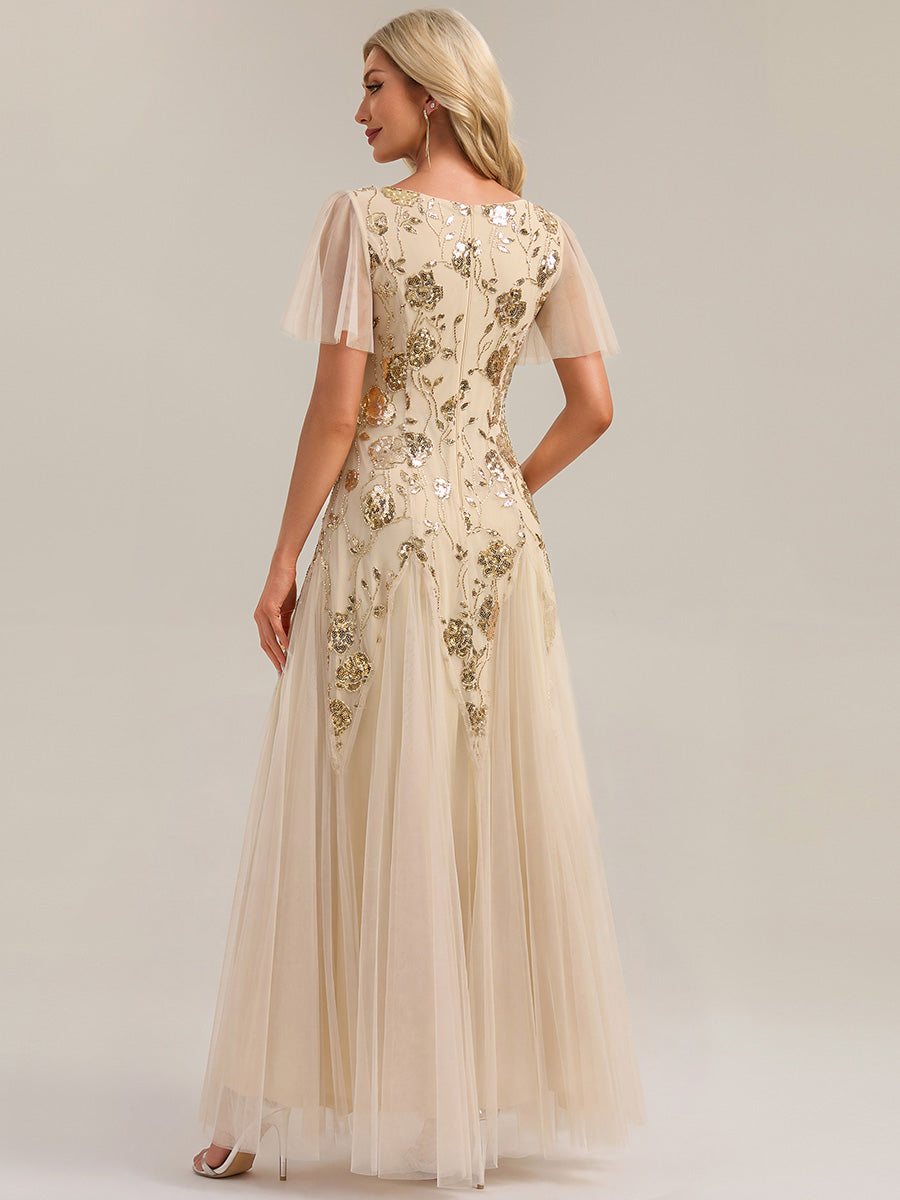ever ORLA|Floral Embroidered Sequin Ruffle Sleeve Tulle Evening Dress