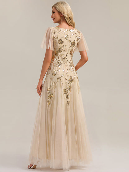 ever ORLA|Floral Embroidered Sequin Ruffle Sleeve Tulle Evening Dress