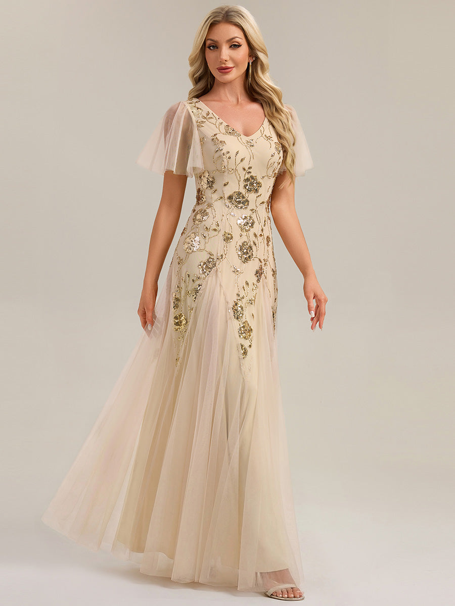 ever ORLA|Floral Embroidered Sequin Ruffle Sleeve Tulle Evening Dress