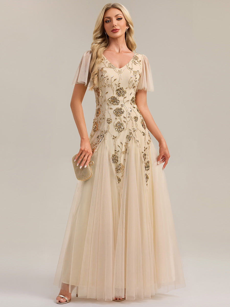 ever ORLA|Floral Embroidered Sequin Ruffle Sleeve Tulle Evening Dress