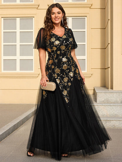 ever ORLA|Floral Embroidered Sequin Ruffle Sleeve Tulle Evening Dress