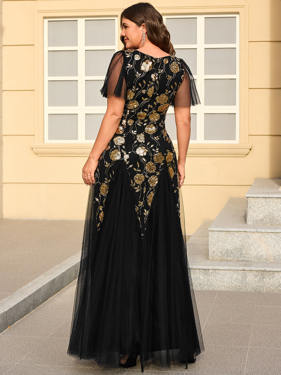 ever ORLA|Floral Embroidered Sequin Ruffle Sleeve Tulle Evening Dress