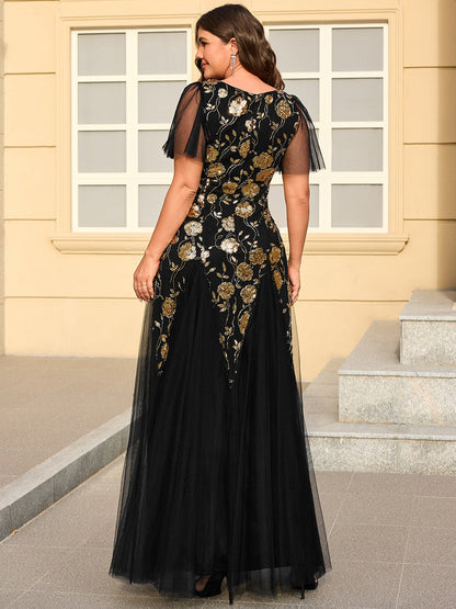 ever ORLA|Floral Embroidered Sequin Ruffle Sleeve Tulle Evening Dress