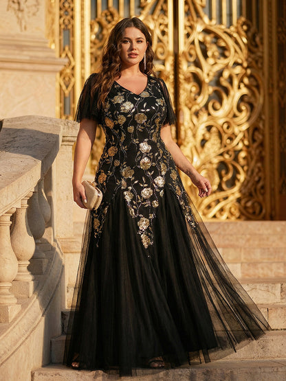 ever ORLA|Floral Embroidered Sequin Ruffle Sleeve Tulle Evening Dress