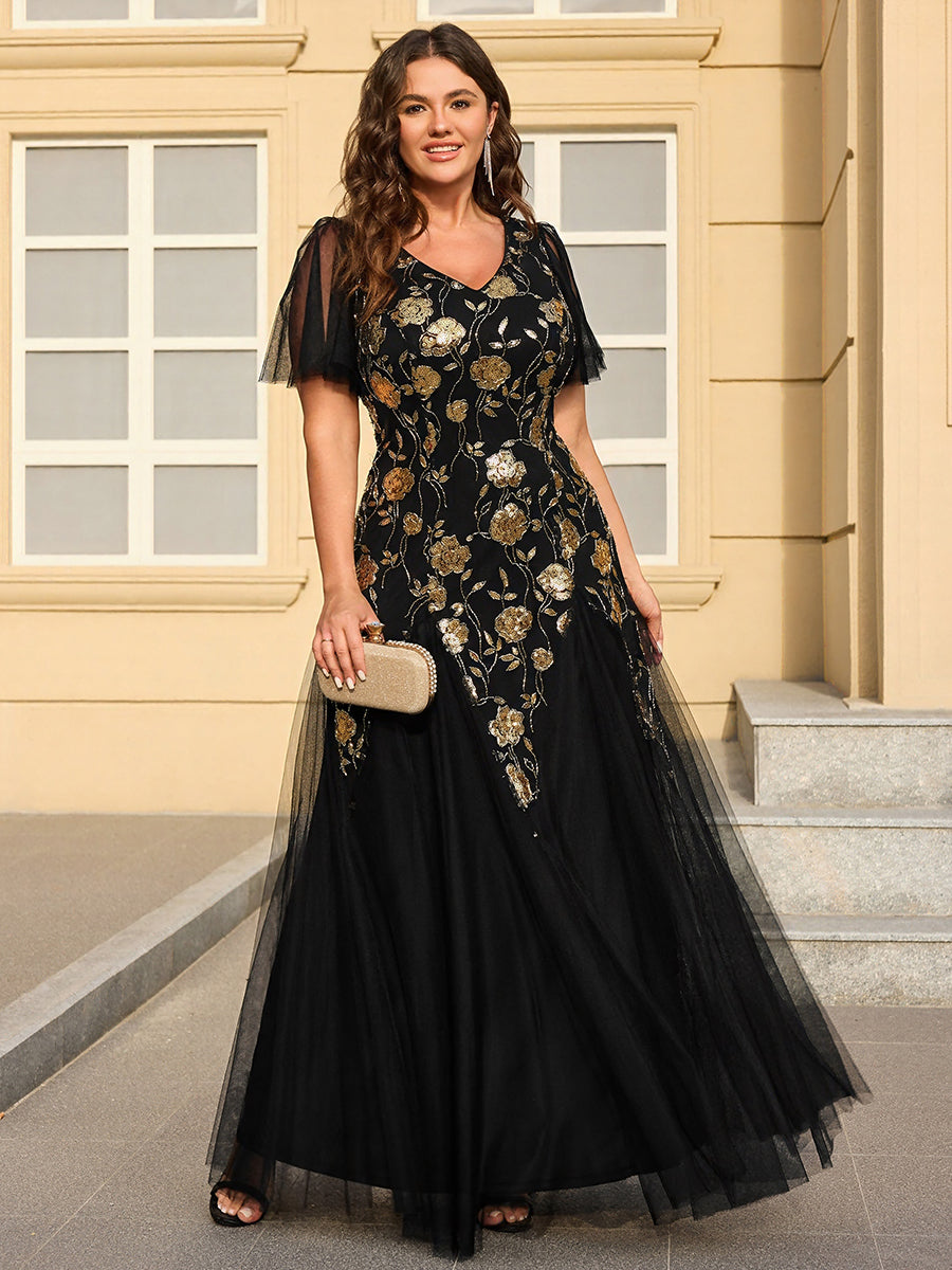 pretty ORLA|Plus Size Floral Embroidered Sequin Ruffle Sleeve Tulle Evening Dress
