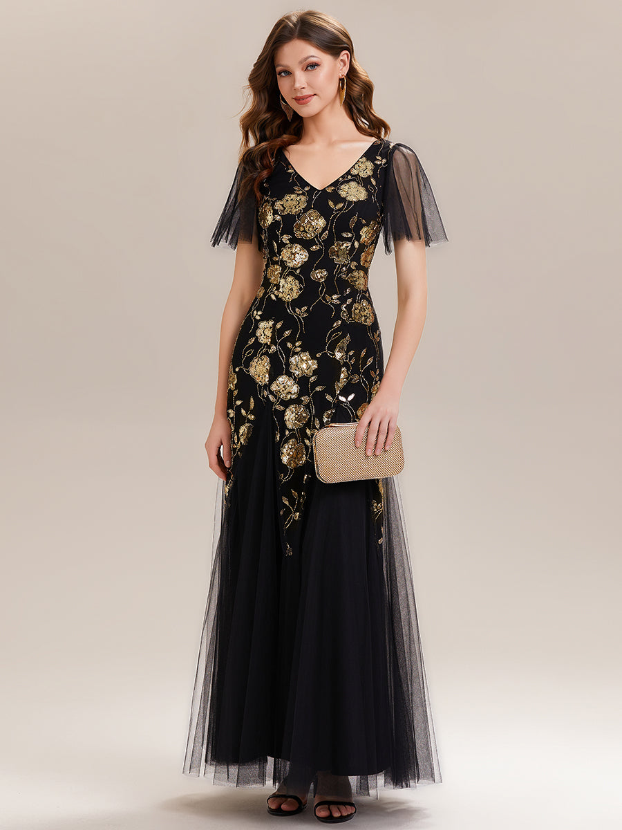 ever ORLA|Floral Embroidered Sequin Ruffle Sleeve Tulle Evening Dress