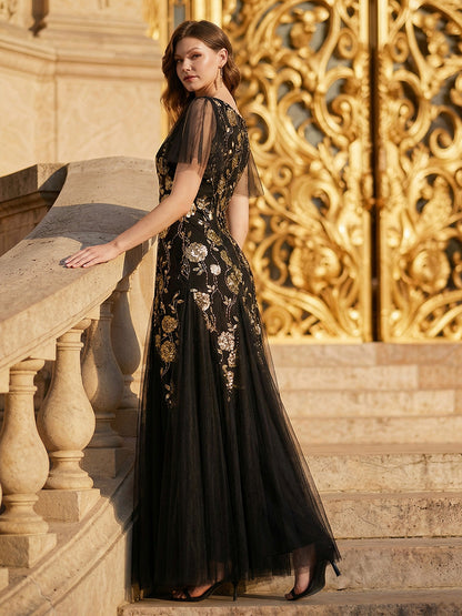 ever ORLA|Floral Embroidered Sequin Ruffle Sleeve Tulle Evening Dress