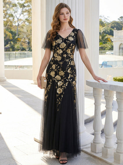 ever ORLA|Floral Embroidered Sequin Ruffle Sleeve Tulle Evening Dress