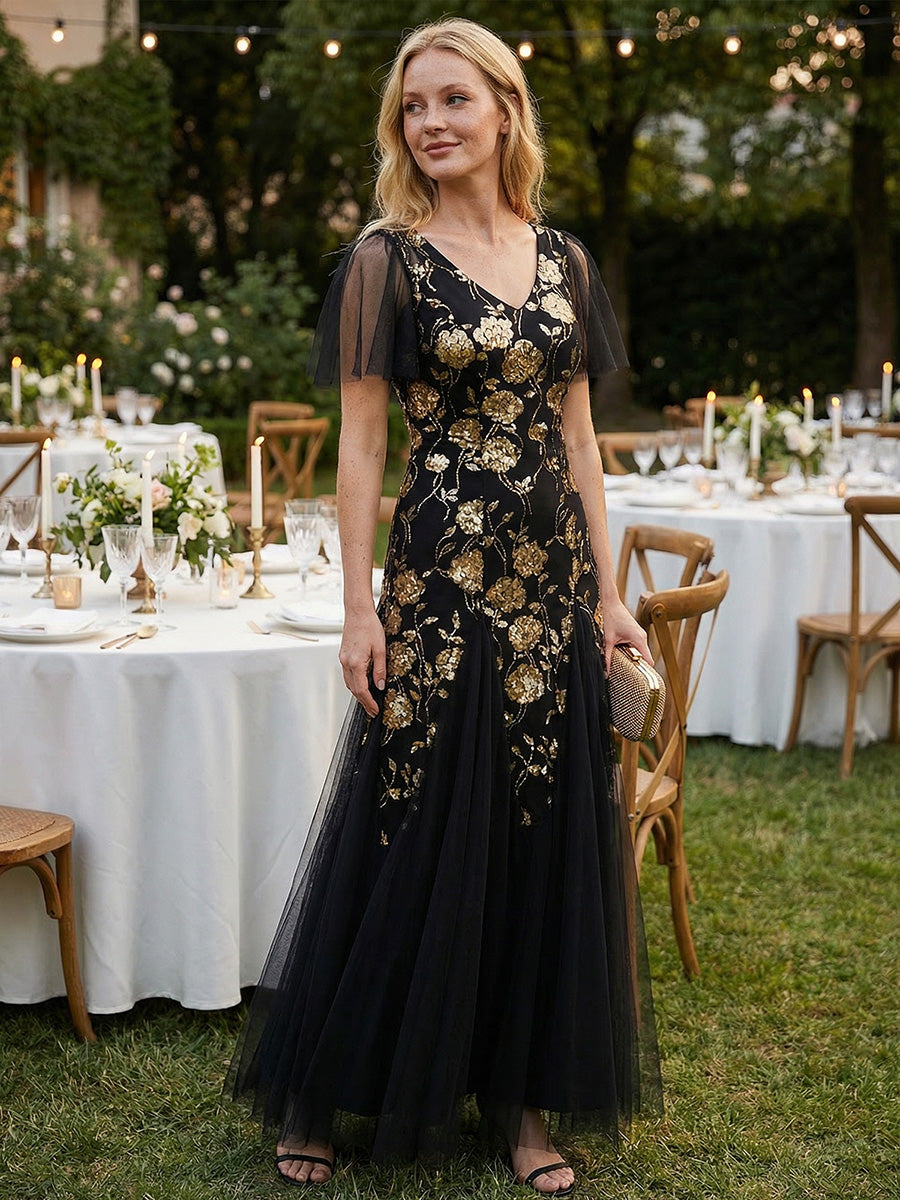 ever ORLA|Floral Embroidered Sequin Ruffle Sleeve Tulle Evening Dress