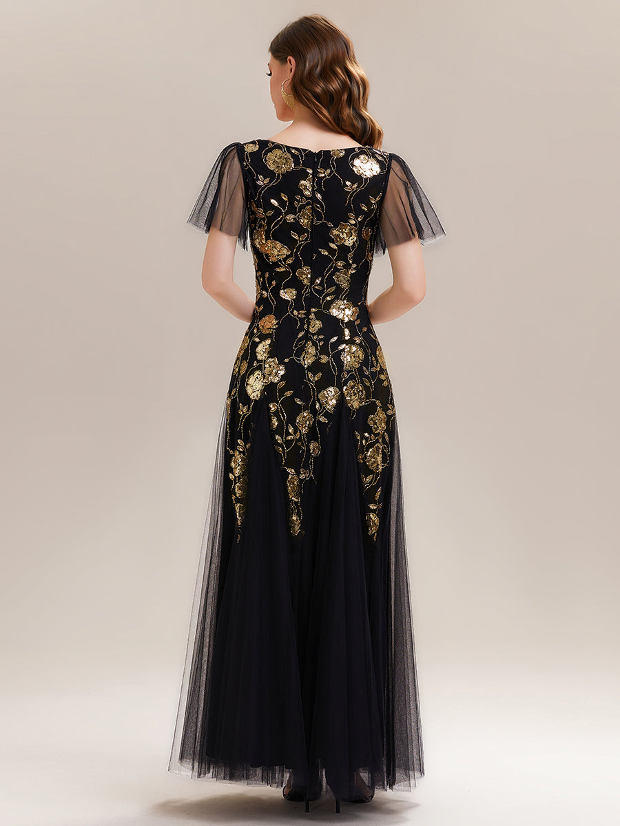 ever ORLA|Floral Embroidered Sequin Ruffle Sleeve Tulle Evening Dress