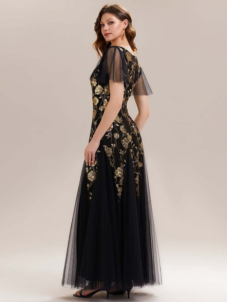 ever ORLA|Floral Embroidered Sequin Ruffle Sleeve Tulle Evening Dress