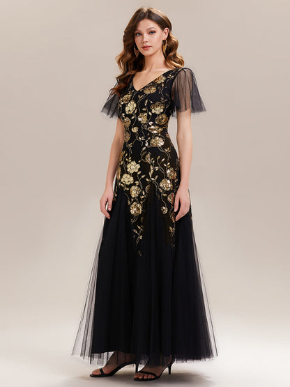 ever ORLA|Floral Embroidered Sequin Ruffle Sleeve Tulle Evening Dress