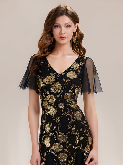 ever ORLA|Floral Embroidered Sequin Ruffle Sleeve Tulle Evening Dress