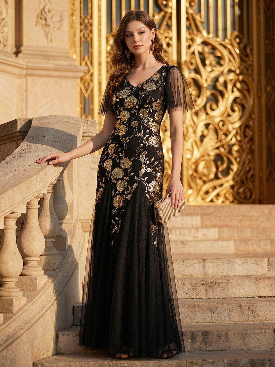 ever ORLA|Floral Embroidered Sequin Ruffle Sleeve Tulle Evening Dress