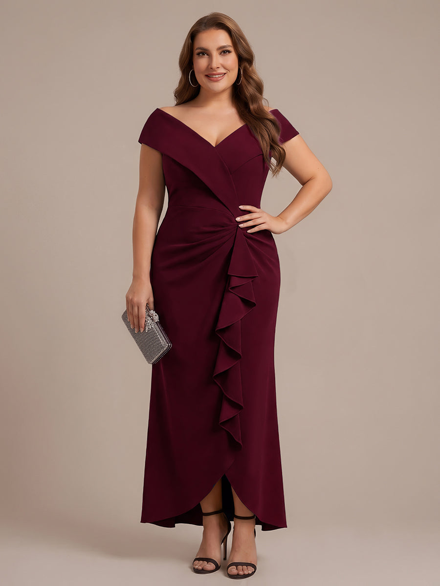 Ruffle Crepe Cap Sleeve Evening Dress