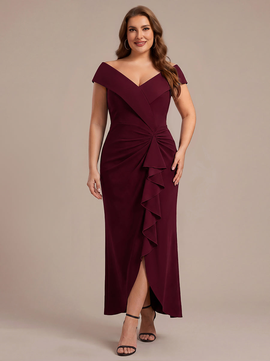 Ruffle Crepe Cap Sleeve Evening Dress