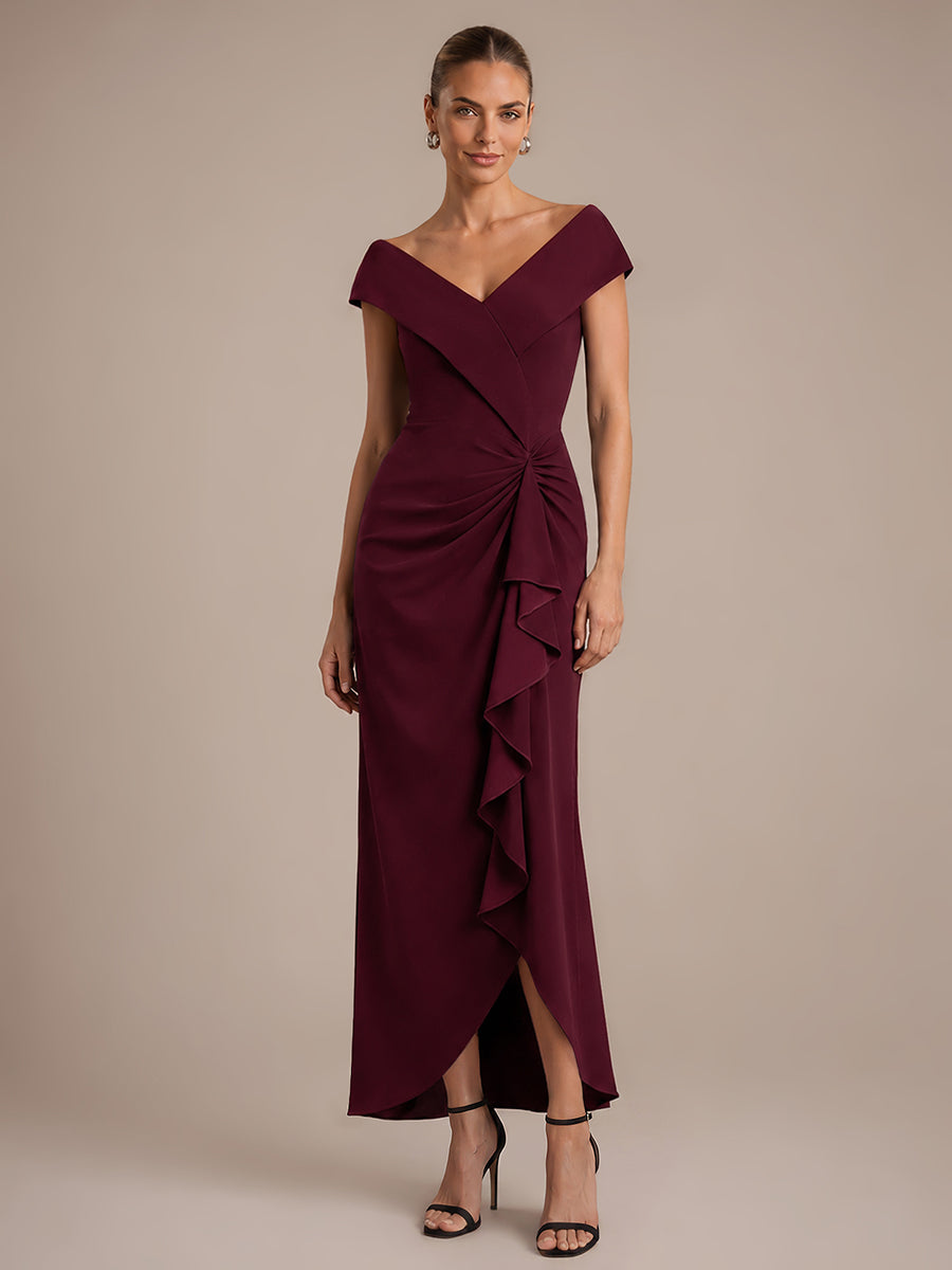Ruffle Crepe Cap Sleeve Evening Dress