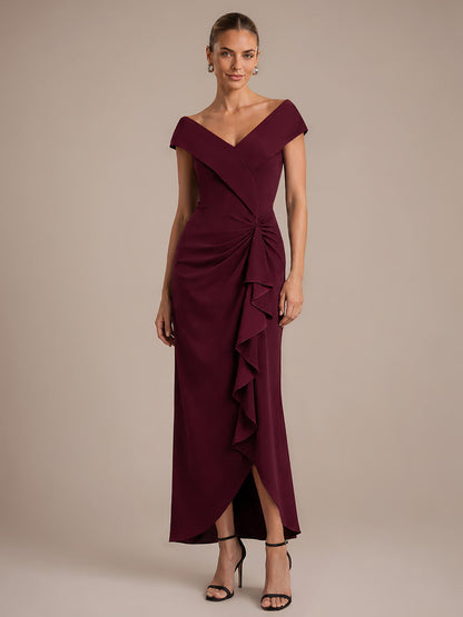 Ruffle Crepe Cap Sleeve Evening Dress