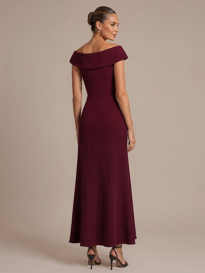 Ruffle Crepe Cap Sleeve Evening Dress