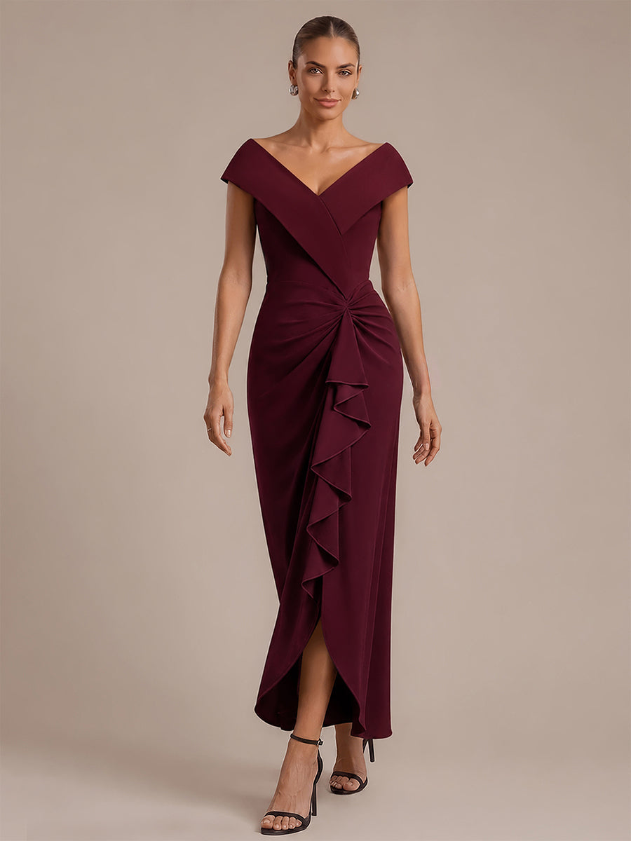 Ruffle Crepe Cap Sleeve Evening Dress
