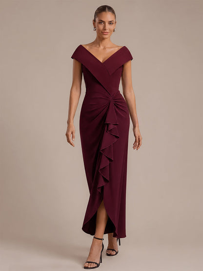 Ruffle Crepe Cap Sleeve Evening Dress
