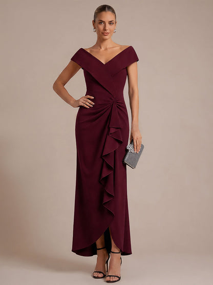 Ruffle Crepe Cap Sleeve Evening Dress