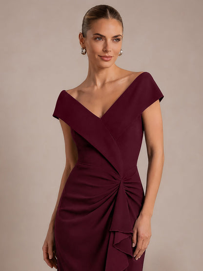 Ruffle Crepe Cap Sleeve Evening Dress