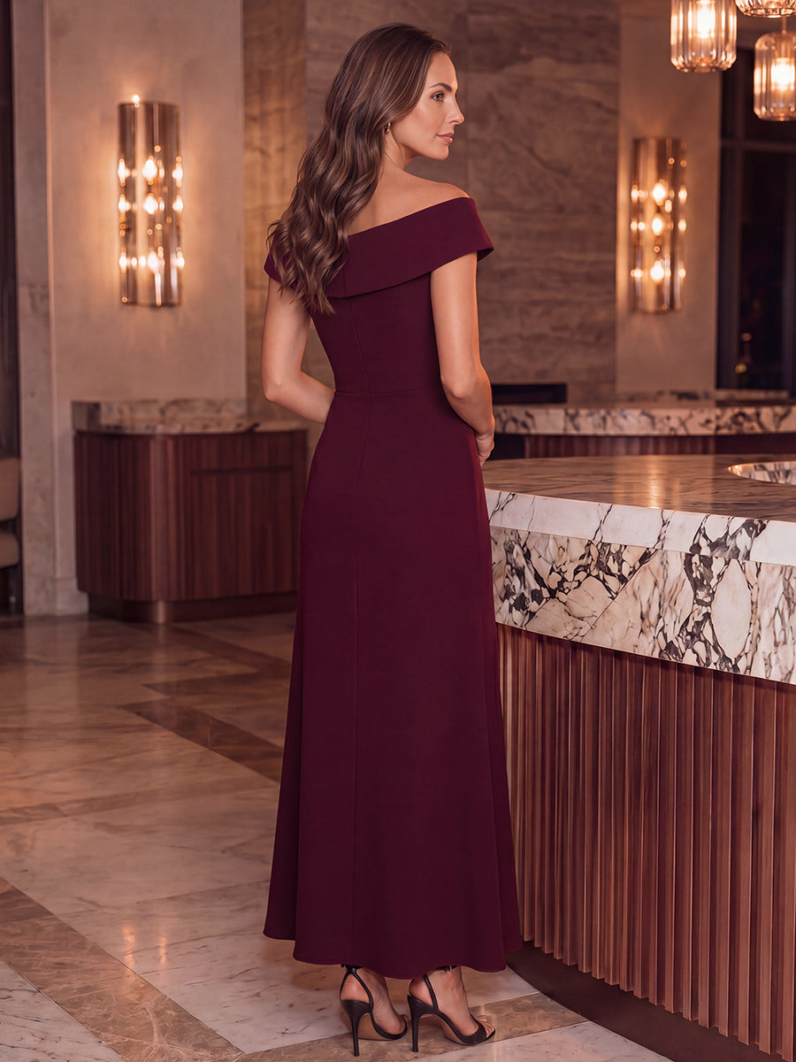 Ruffle Crepe Cap Sleeve Evening Dress