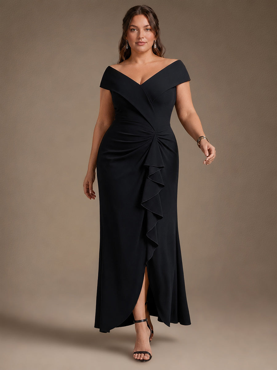 Ruffle Crepe Cap Sleeve Evening Dress